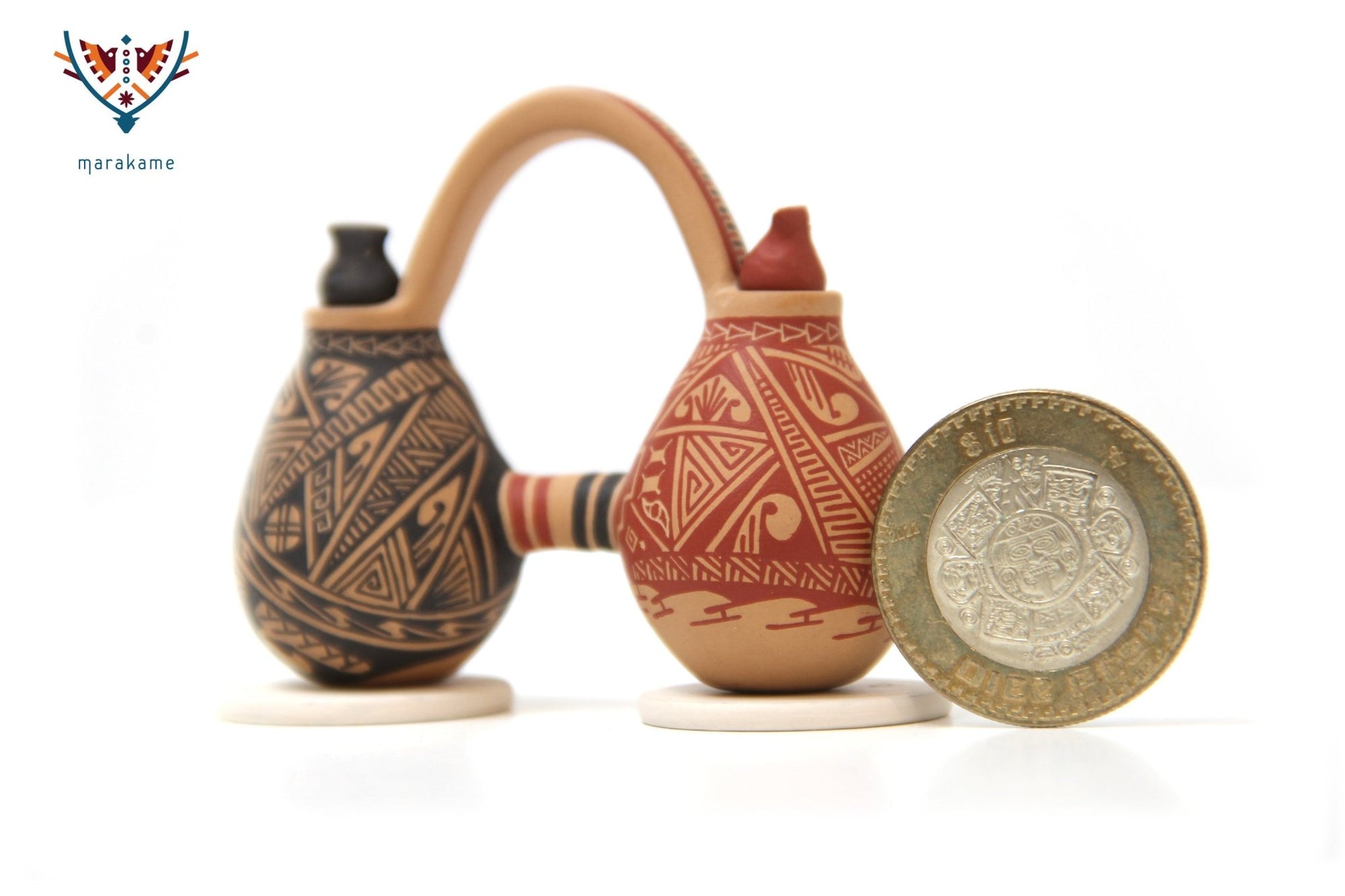 Mata Ortiz Ceramics - Miniature - Connected Vases - Huichol Art - Marakame