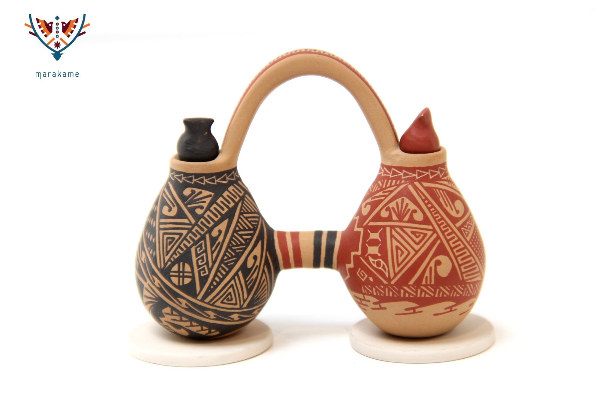 Mata Ortiz Ceramics - Miniature - Connected Vases - Huichol Art - Marakame