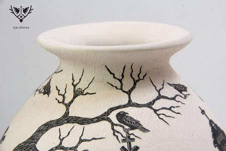 Ceramica Mata Ortiz - Notte dei morti, corvi che volano di giorno - Arte Huichol - Marakame
