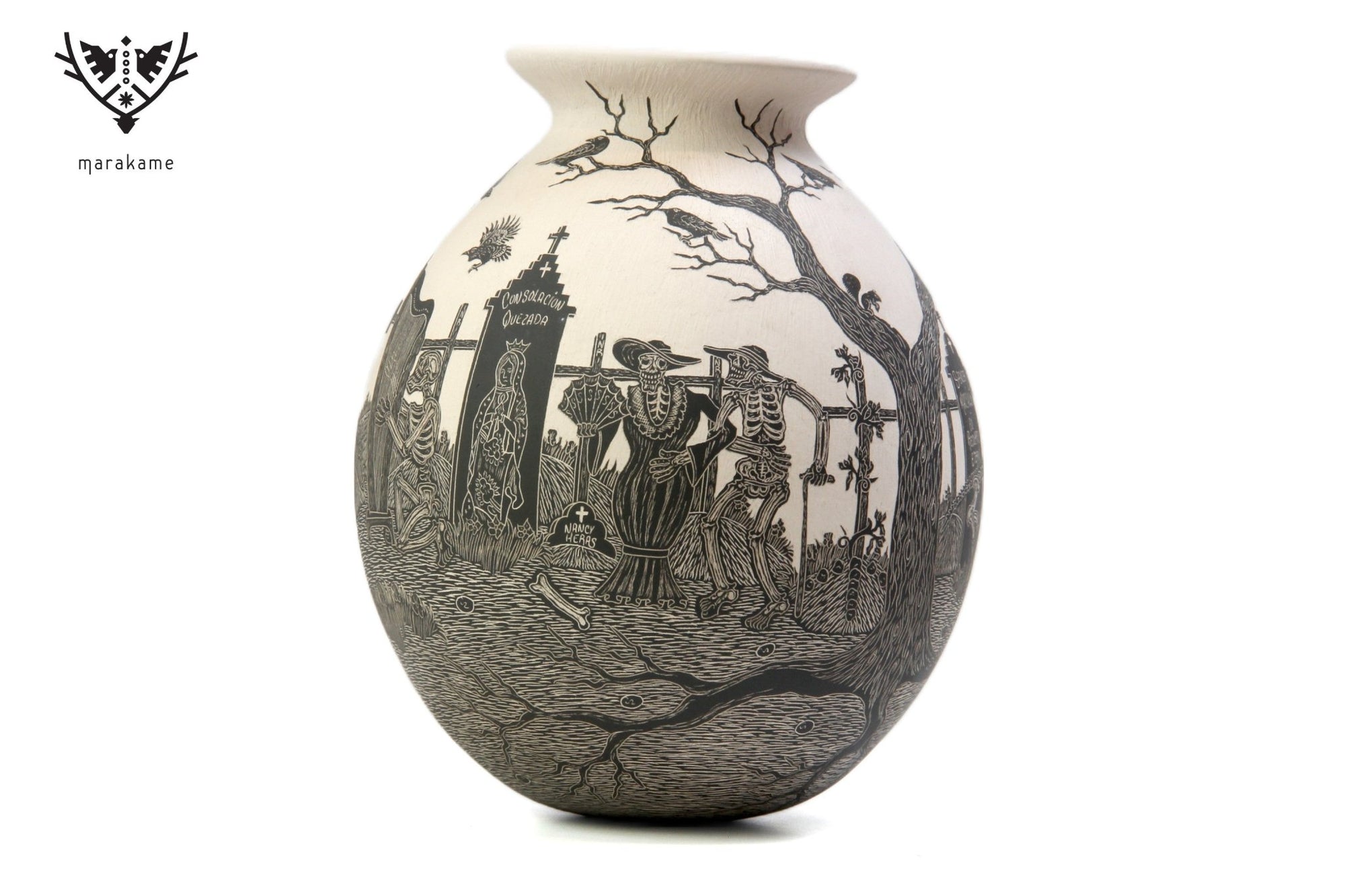 Ceramica Mata Ortiz - Notte dei morti, corvi che volano di giorno - Arte Huichol - Marakame