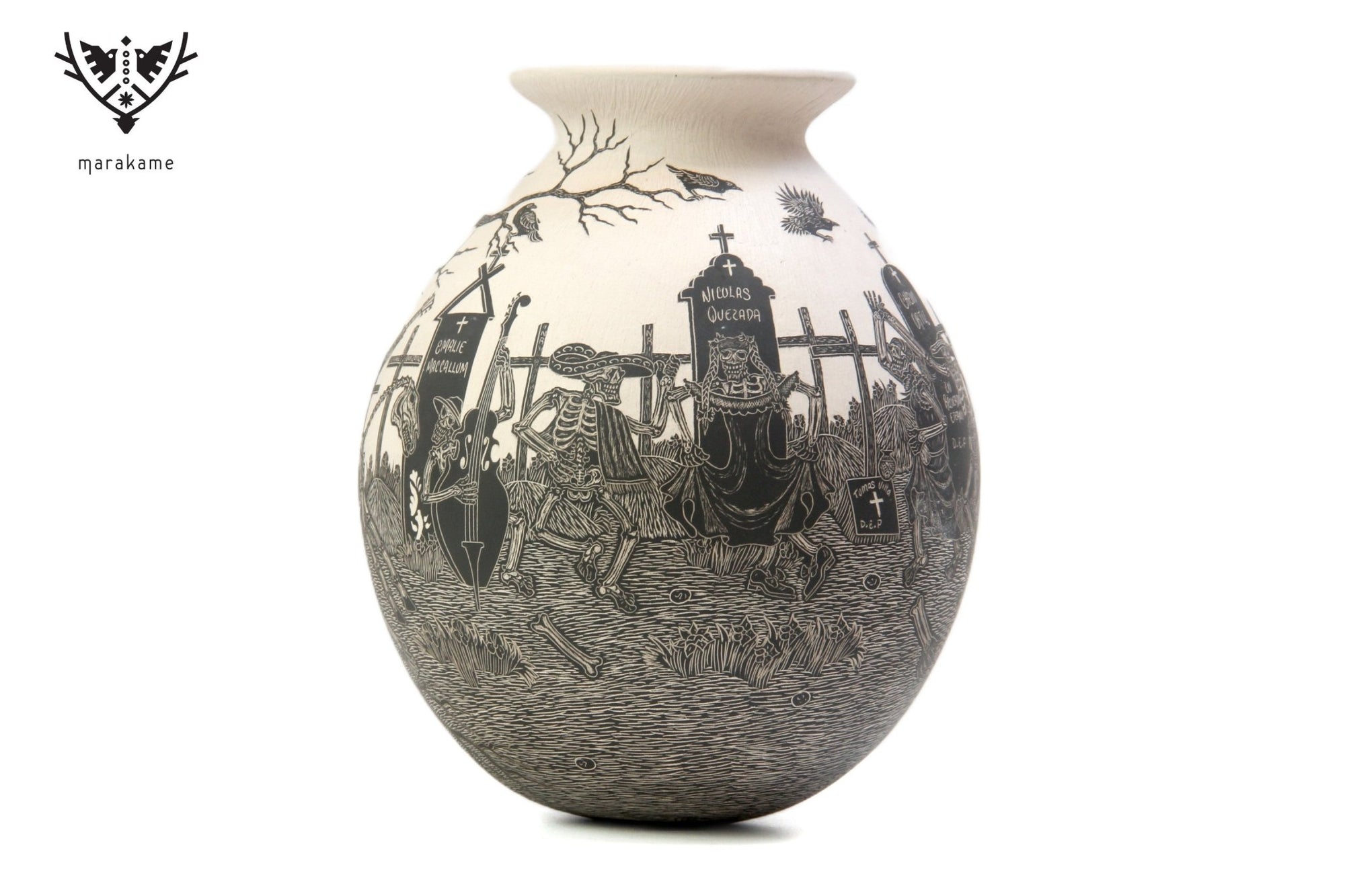 Mata Ortiz Keramik – Nacht der Toten, fliegende Krähen bei Tag – Huichol-Kunst – Marakame