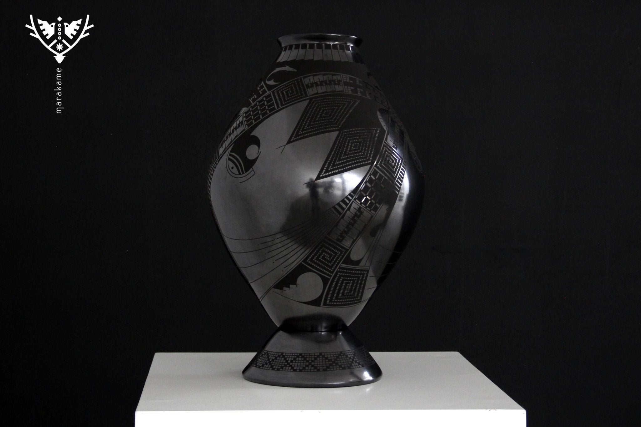 Céramique Mata Ortiz - Grande pièce noire VII - Art Huichol - Marakame