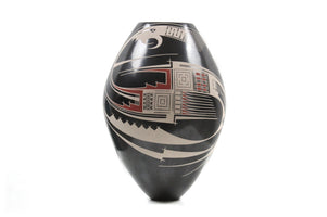 Ceramica Mata Ortiz - Pezzo nero con pittura tradizionale - Arte Huichol - Marakame