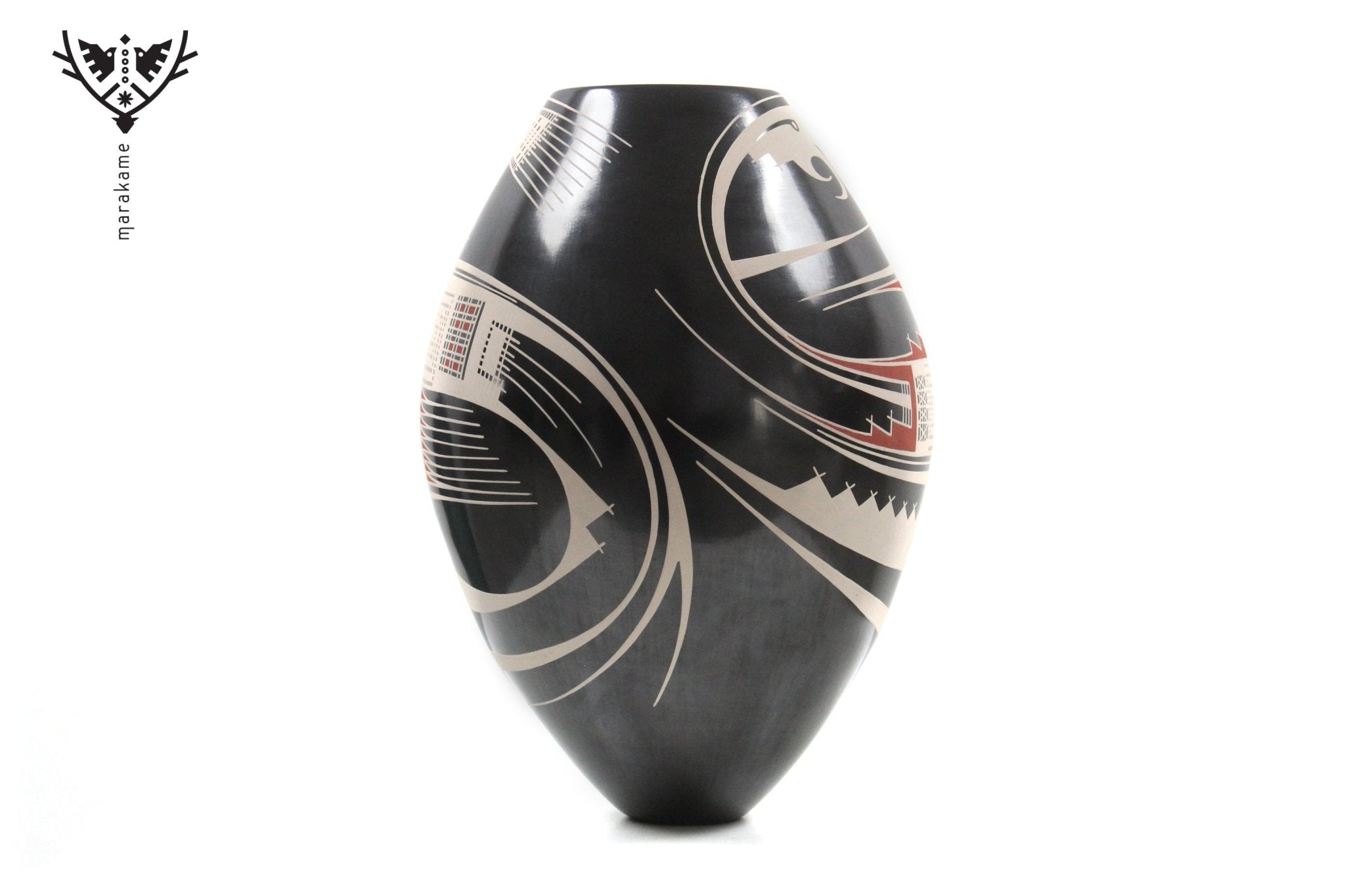 Ceramica Mata Ortiz - Pezzo nero con pittura tradizionale - Arte Huichol - Marakame