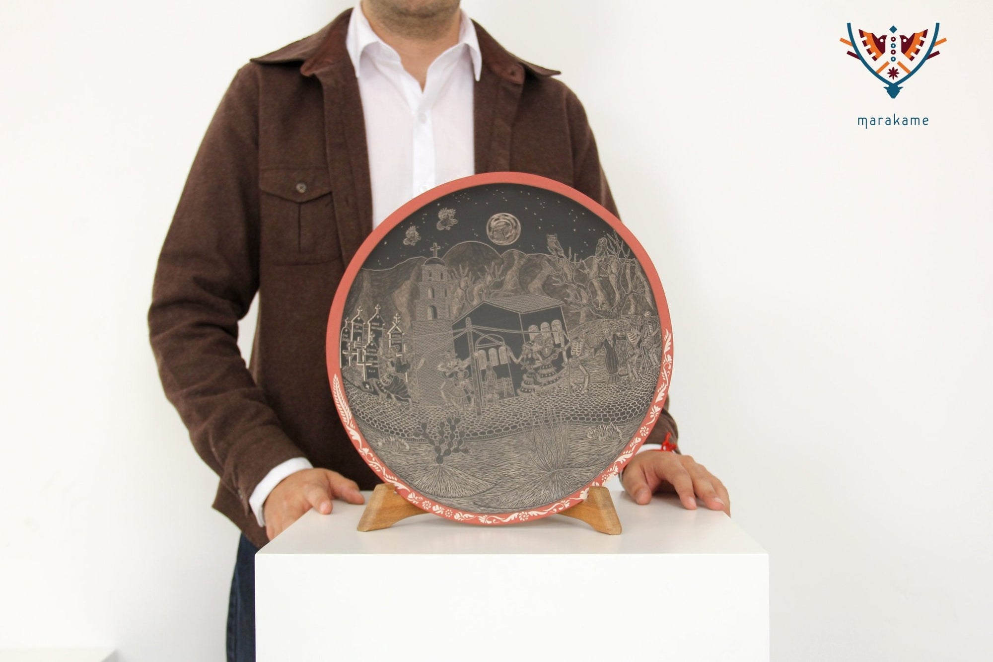 Mata Ortiz Ceramic - Day of the Dead Plate - Rabbit on the Moon at Night - Huichol Art - Marakame