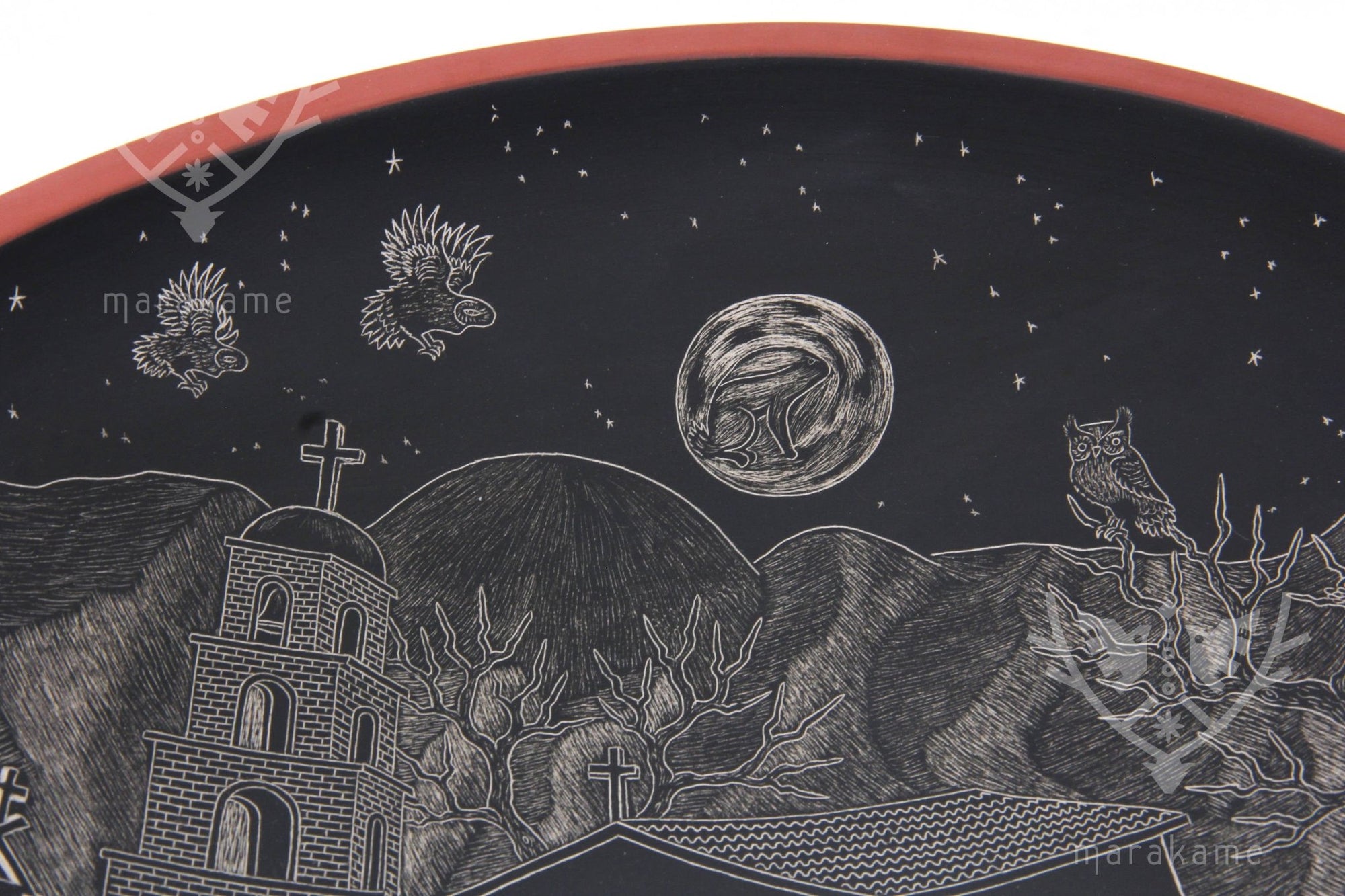 Mata Ortiz Ceramic - Day of the Dead Plate Rabbit in the Moon at Night - Huichol Art - マラカメ