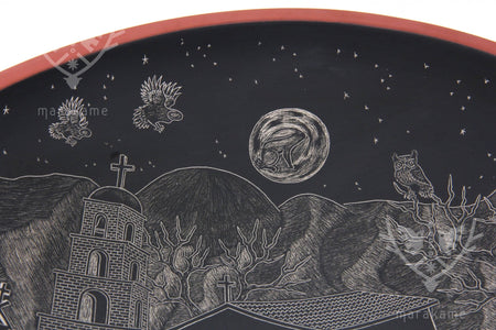 Mata Ortiz Keramik – Tag der Toten Teller Hase im Mond bei Nacht – Huichol Art – Marakame