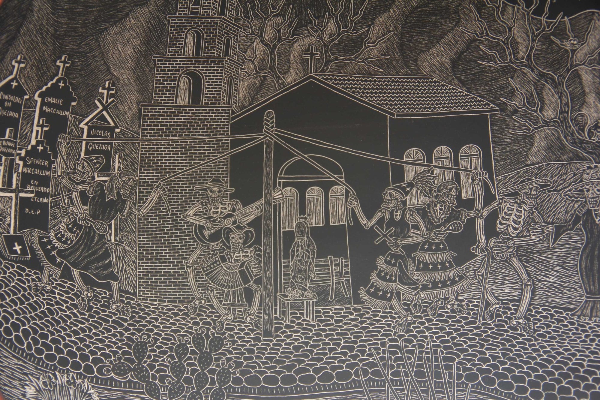 Mata Ortiz Ceramic - Assiette du Jour des Morts - Lapin sur la Lune la nuit - Art Huichol - Marakame