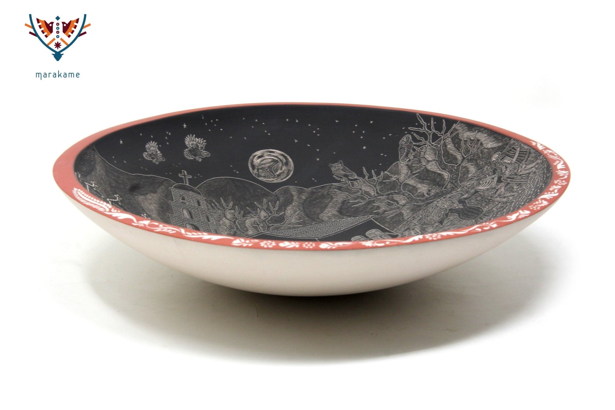 Mata Ortiz Ceramic - Day of the Dead Plate Rabbit in the Moon at Night - Huichol Art - Marakame