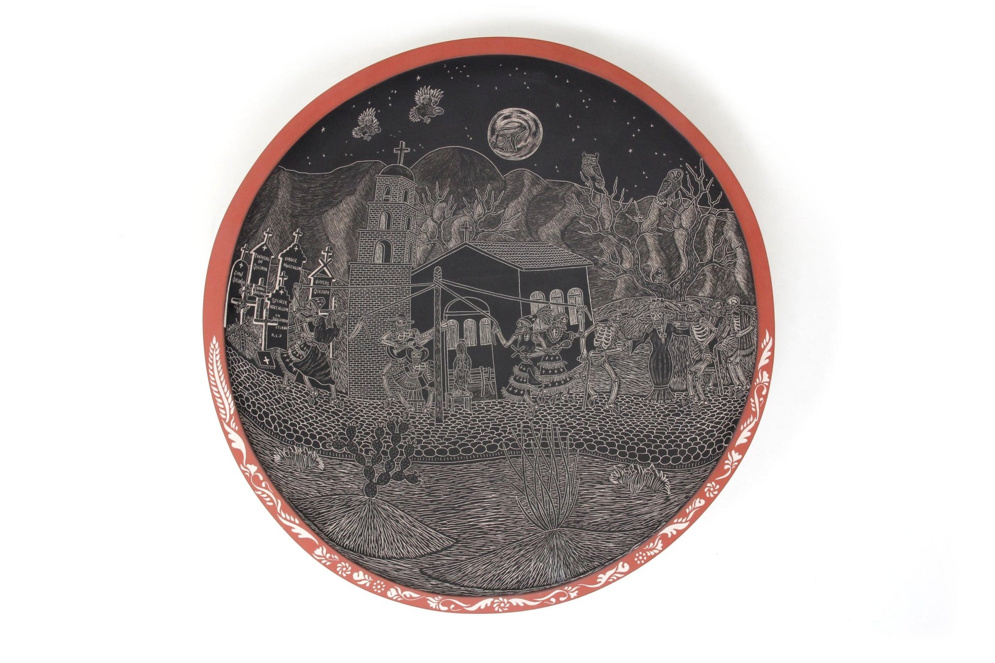 Cerámica de Mata Ortiz - Plato de Día de muertos Conejo en la Luna de Noche - Arte Huichol - Marakame