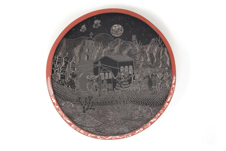 Mata Ortiz Ceramic - Day of the Dead Plate Rabbit in the Moon at Night - Huichol Art - Marakame