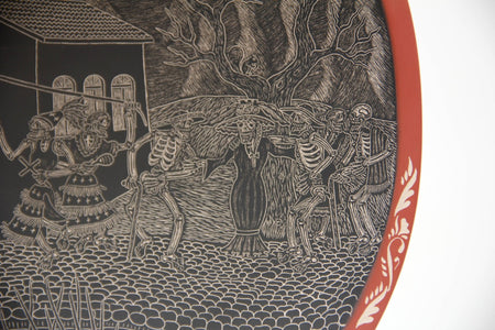 Cerámica de Mata Ortiz - Plato de Día de muertos - Conejo en la Luna de Noche - Arte Huichol - Marakame