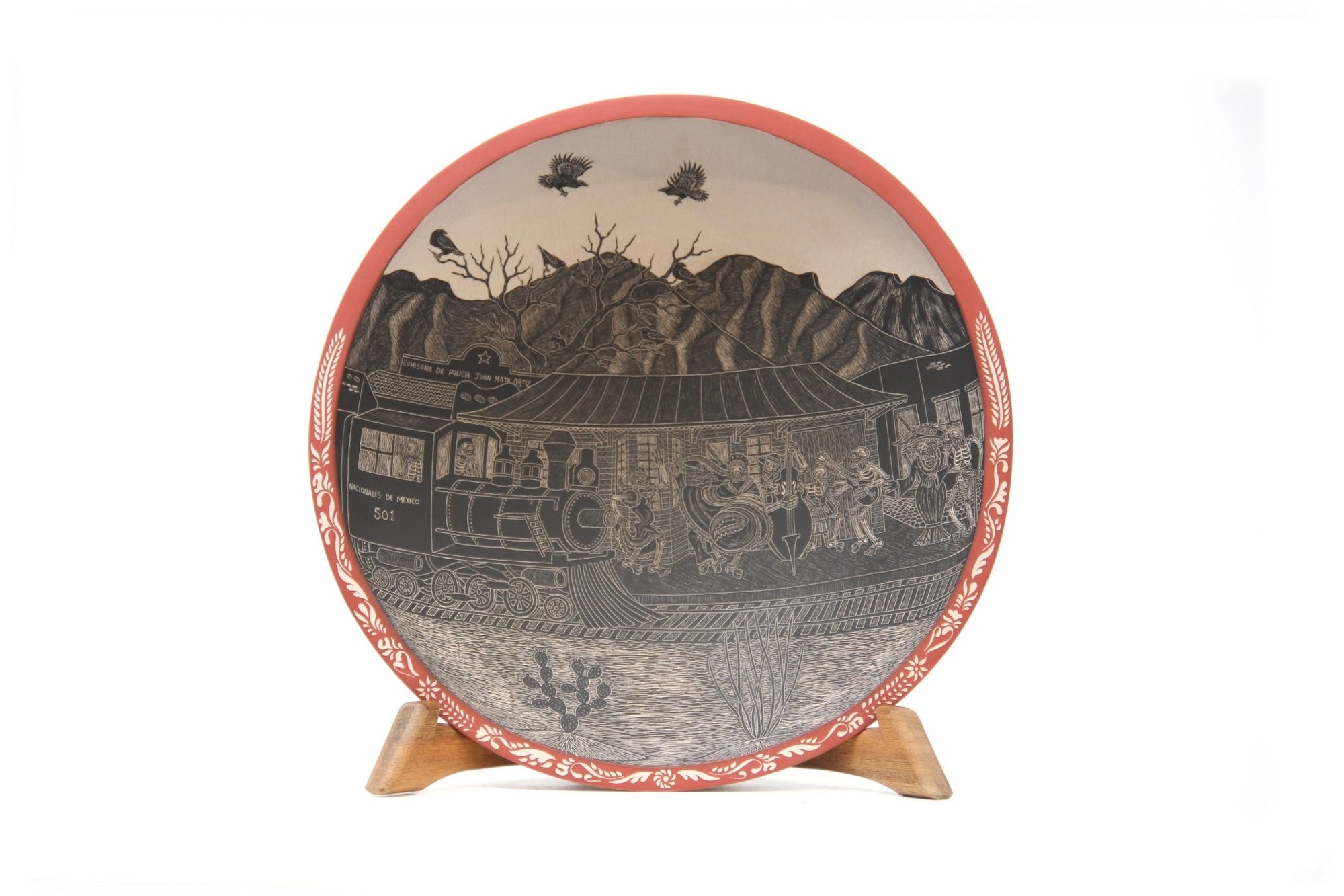 Mata Ortiz Ceramic - Day of the Dead Plate - Day Railroad - Huichol Art - Marakame