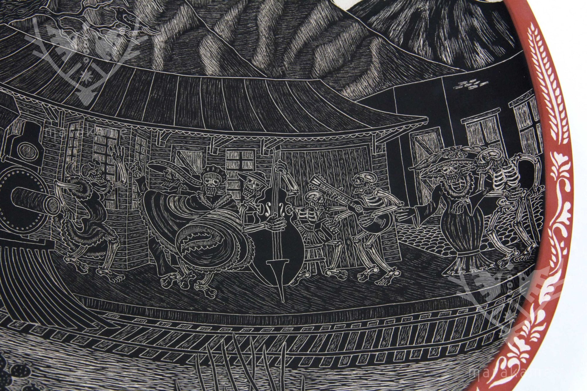 Céramique Mata Ortiz - Jour des morts Plate Day Railroad - Huichol Art - Marakame