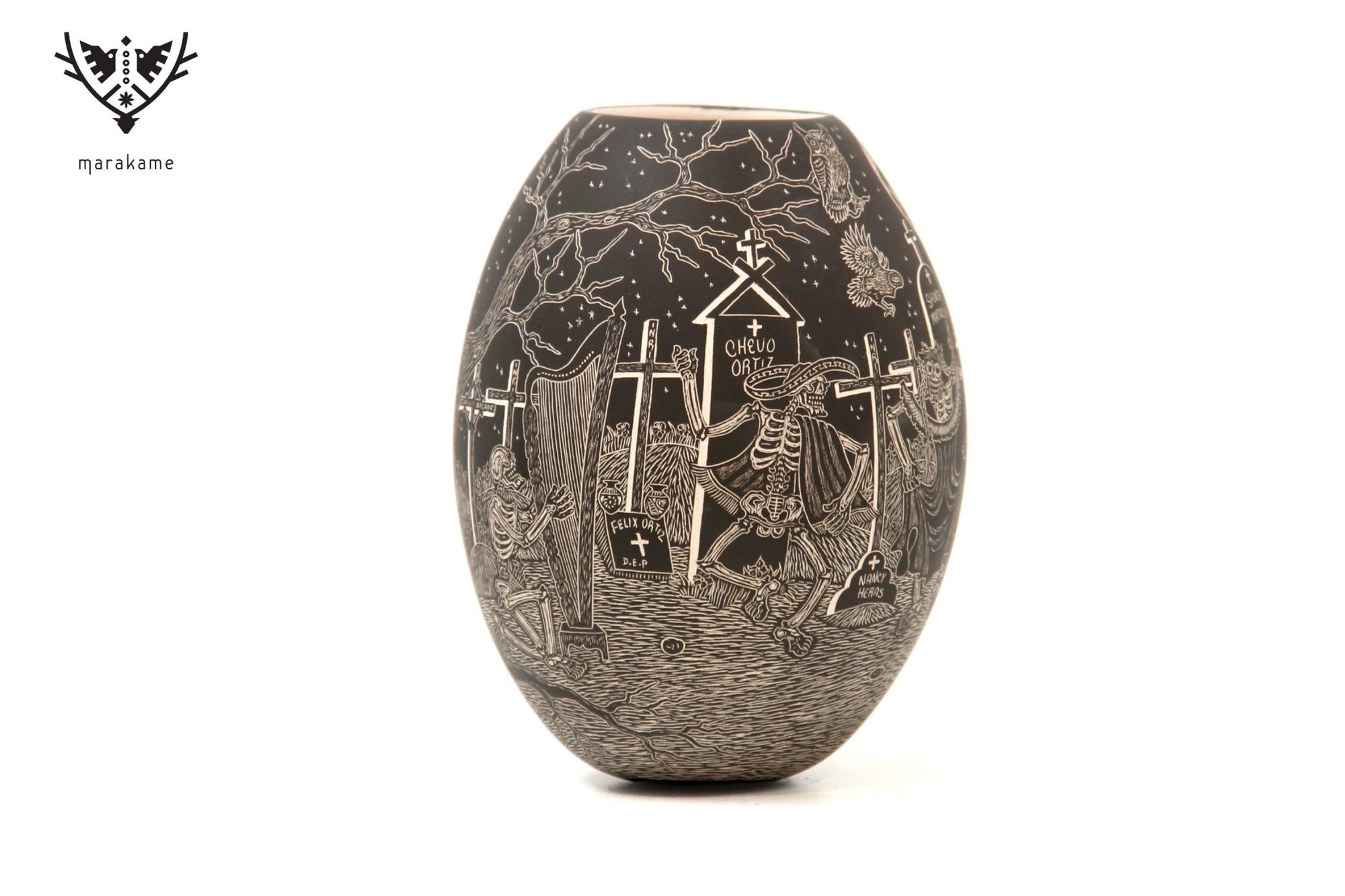 Mata Ortiz Keramik – Gebet im Pantheon bei Nacht – Tag der Toten – Huichol-Kunst – Marakame