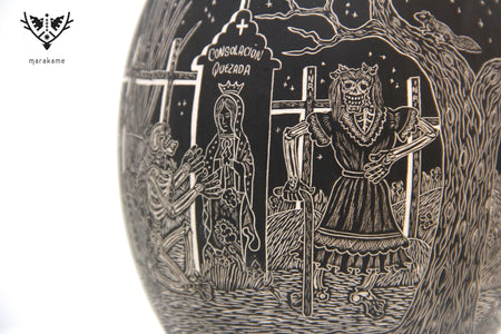 Mata Ortiz Keramik – Gebet im Pantheon bei Nacht – Tag der Toten – Huichol-Kunst – Marakame