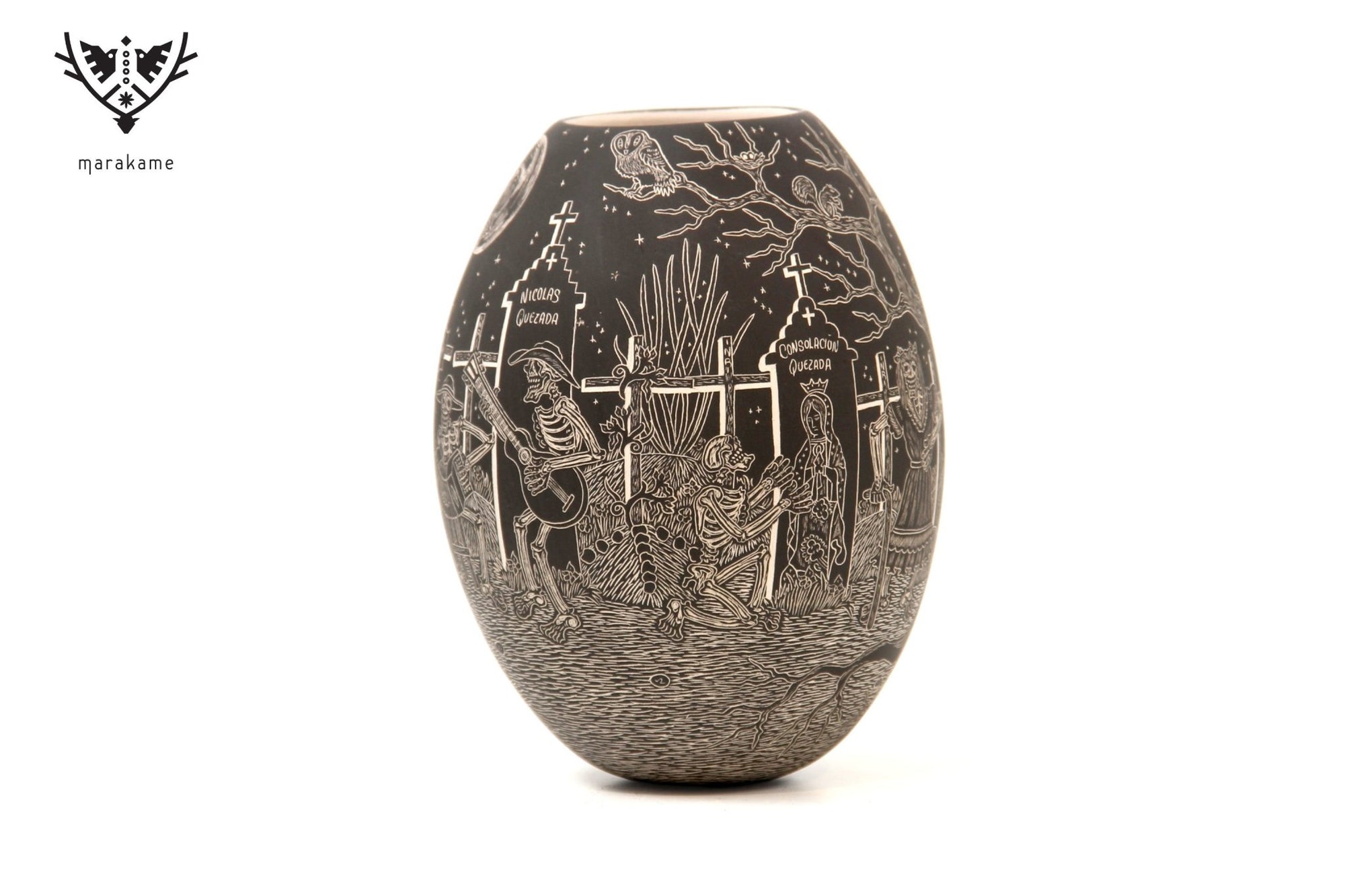 Mata Ortiz Keramik – Gebet im Pantheon bei Nacht – Tag der Toten – Huichol-Kunst – Marakame