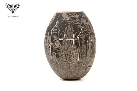 Mata Ortiz Keramik – Gebet im Pantheon bei Nacht – Tag der Toten – Huichol-Kunst – Marakame
