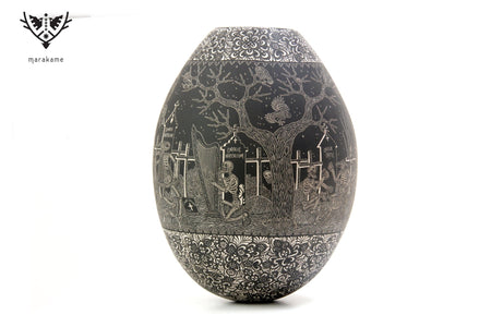 Céramique Mata Ortiz - Vie et Mort la nuit - grande pièce - Art Huichol - Marakame