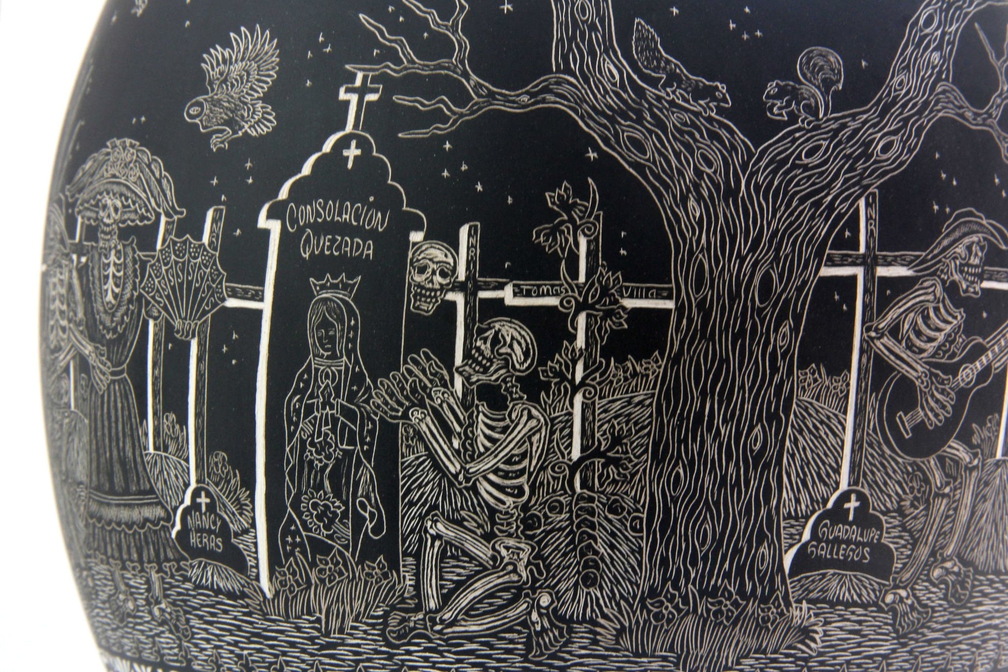 Cerámica de Mata Ortiz - Vida y Muerte de noche - pieza grande - Arte Huichol - Marakame
