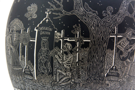 Cerámica de Mata Ortiz - Vida y Muerte de noche - pieza grande - Arte Huichol - Marakame