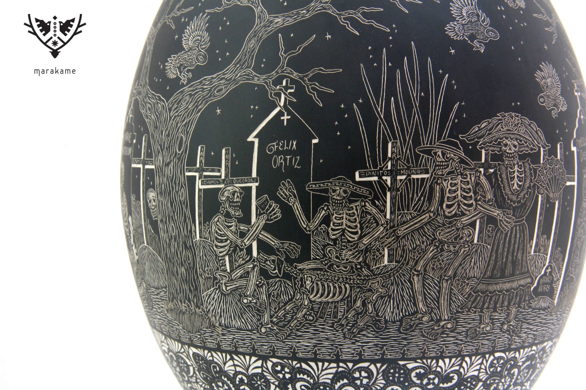 Mata Ortiz Ceramic - Life and Death at night - large piece - Huichol Art - Marakame