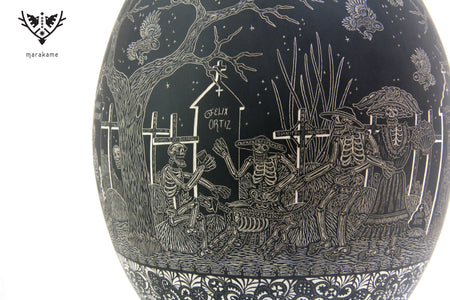 Ceramica Mata Ortiz - Vita e morte di notte - pezzo grande - Arte Huichol - Marakame