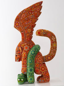 Huichol-Kunstskulptur – Geflügelter Jaguar mit Schlange – Tatewari – Huichol-Kunst – Marakame