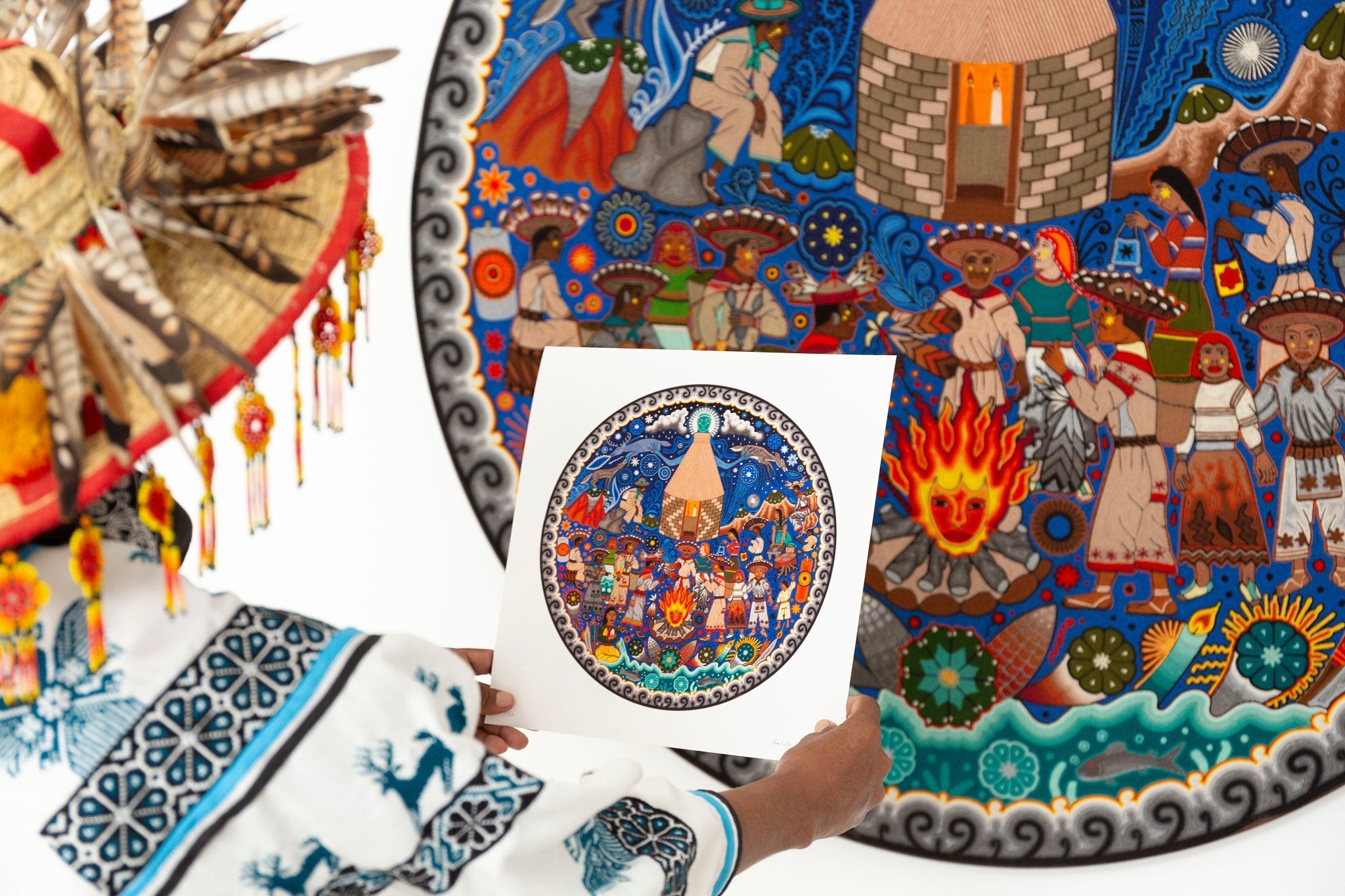 Hikuri Neixa - Peyote dance in ceremonial center - 30 x 30 cm. - 12 x 12 in. - Huichol Art - Marakame