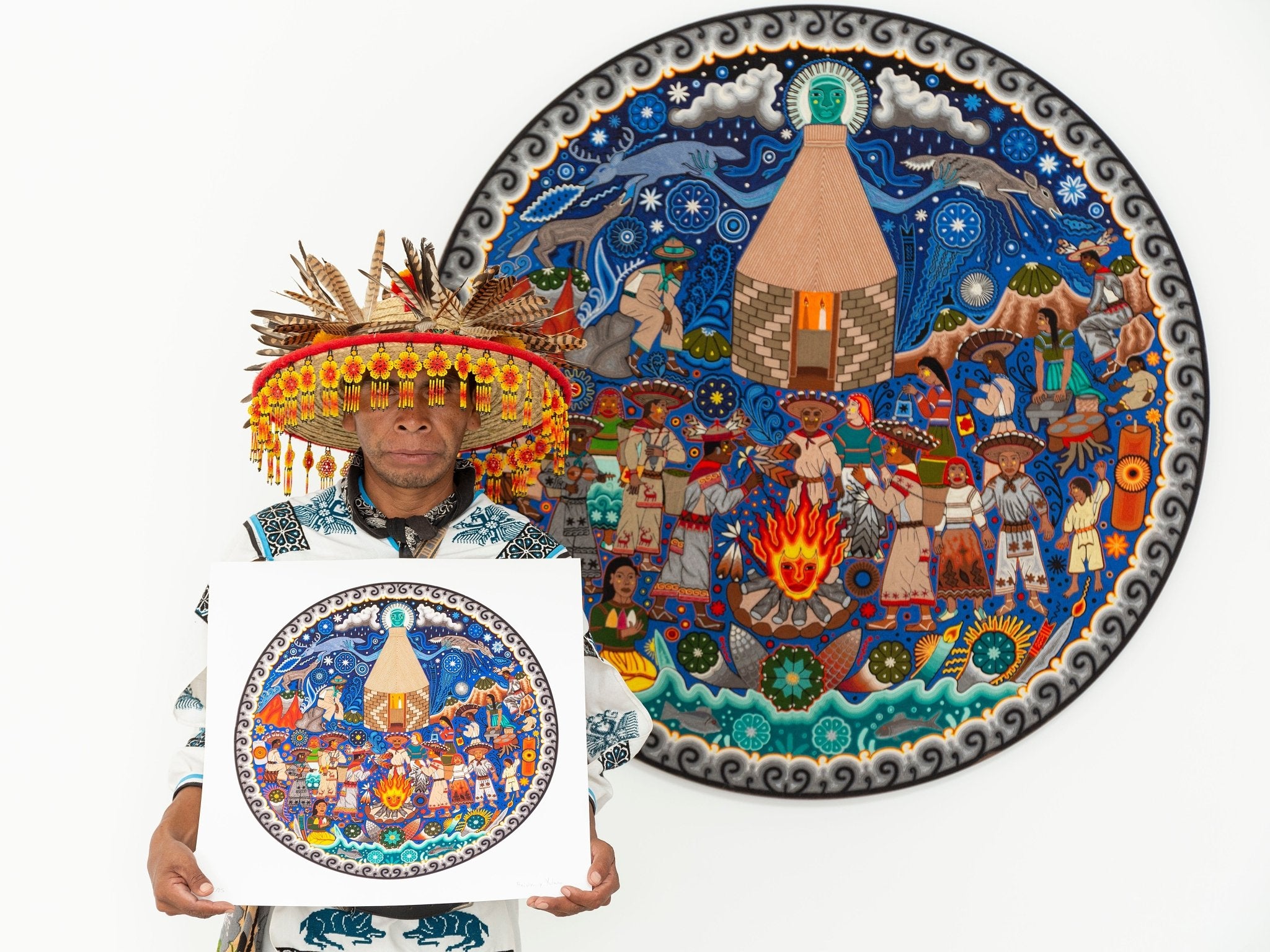 Hikuri Neixa - Peyote dance in ceremonial center - 45 x 45 cm. - 18 x 18 in. - Huichol Art - Marakame