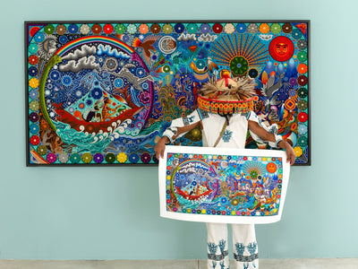 Birth of the Deities - 90 x 50.6 cm. - 36 x 20 in. - Huichol Art - Marakame