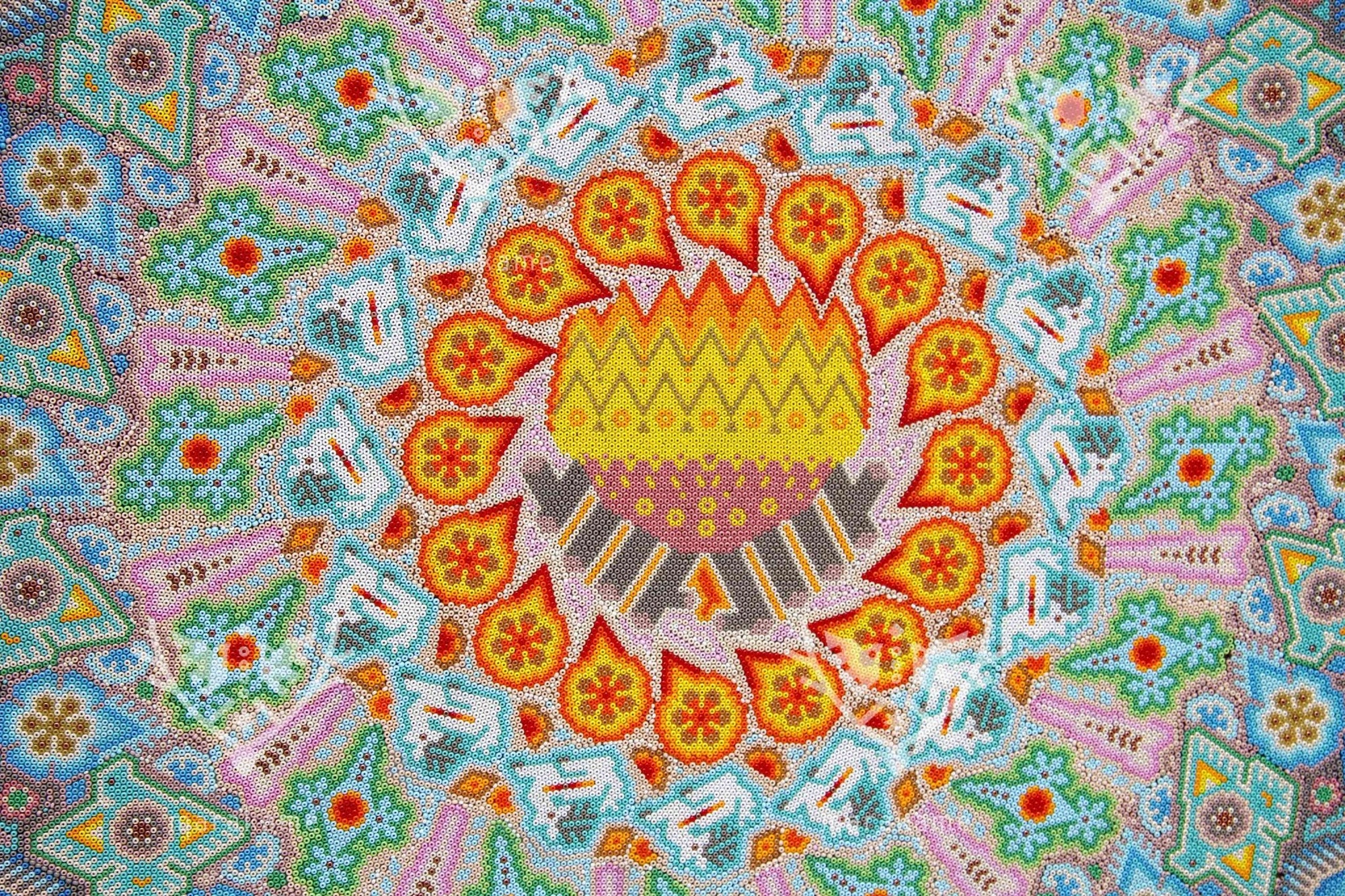 Nierika de Chaquira Cuadro Huichol - El Origen - 2.44 x 1.22 m. - Arte Huichol - Marakame
