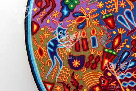 Nierika de Estambre Círculo Huichol - Hikuri - 120 cm. de diámetro - Arte Huichol - Marakame