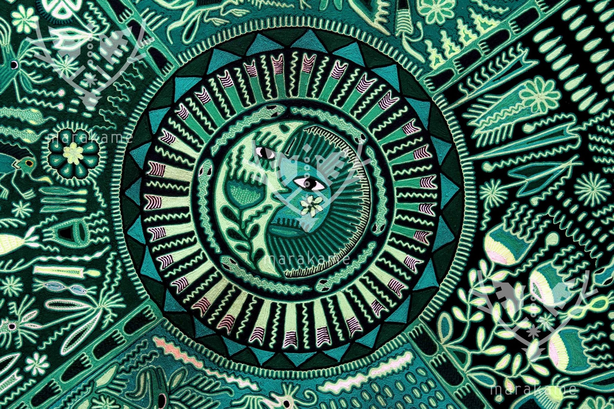Nierika de Yarn Huichol Circle - The footprints of the old woman - 120 cm. - Huichol Art - Marakame