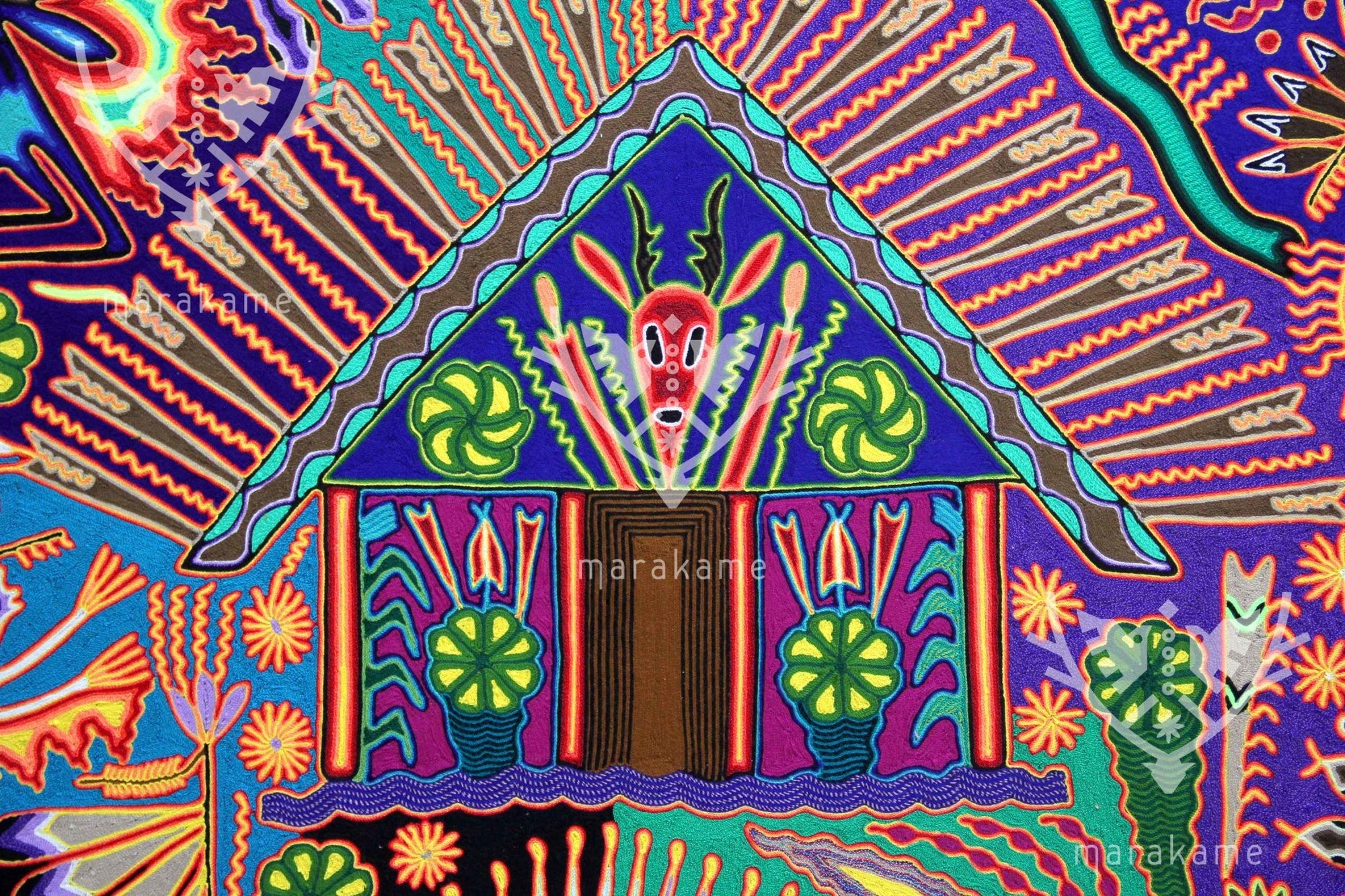 Nierika de Estambre Cuadro Huichol - El ruido de la noche - 120 x 120 cm. - Arte Huichol - Marakame