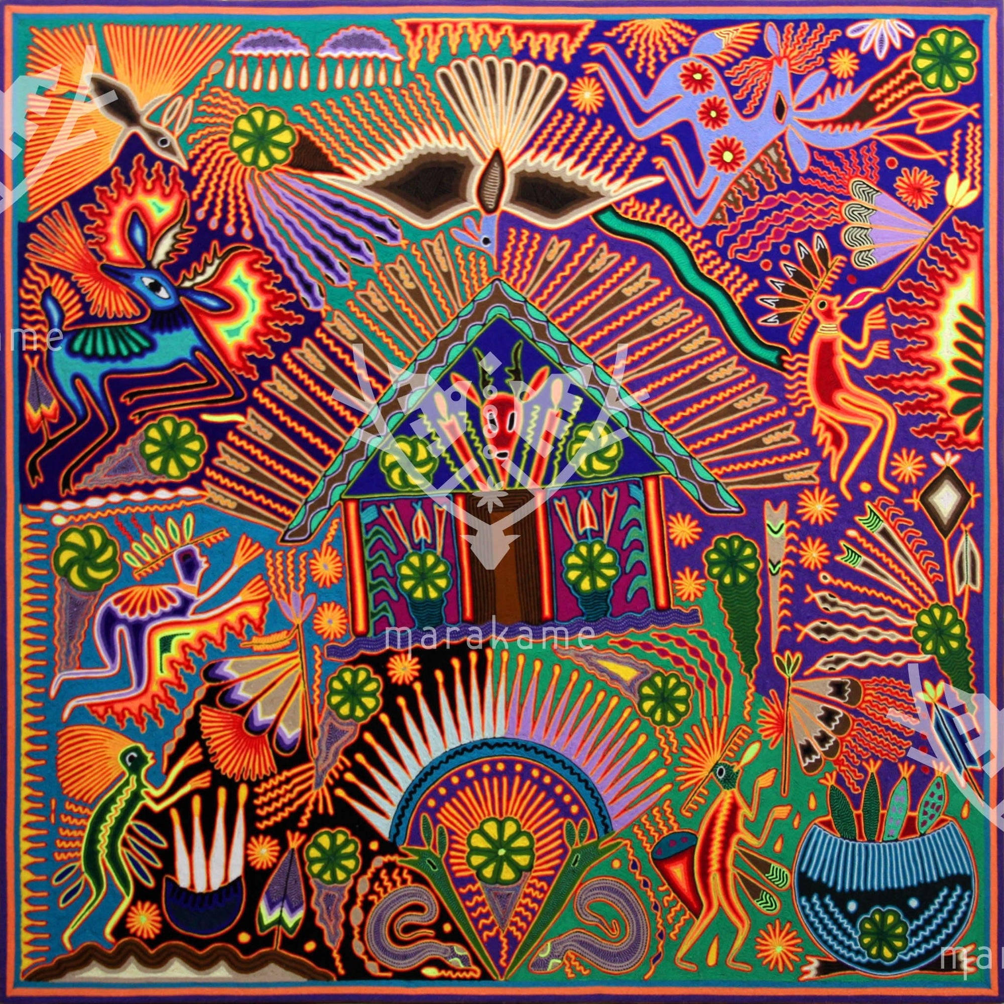 Nierika de Yarn Huichol Gemälde - Der Lärm der Nacht - 120 x 120 cm. - Huichol-Kunst - Marakame