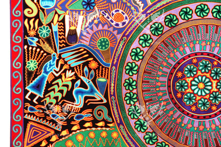 Nierika de Estambre Huichol Bild – Familie Peyote – 2 x 2 m. - Huichol-Kunst - Marakame