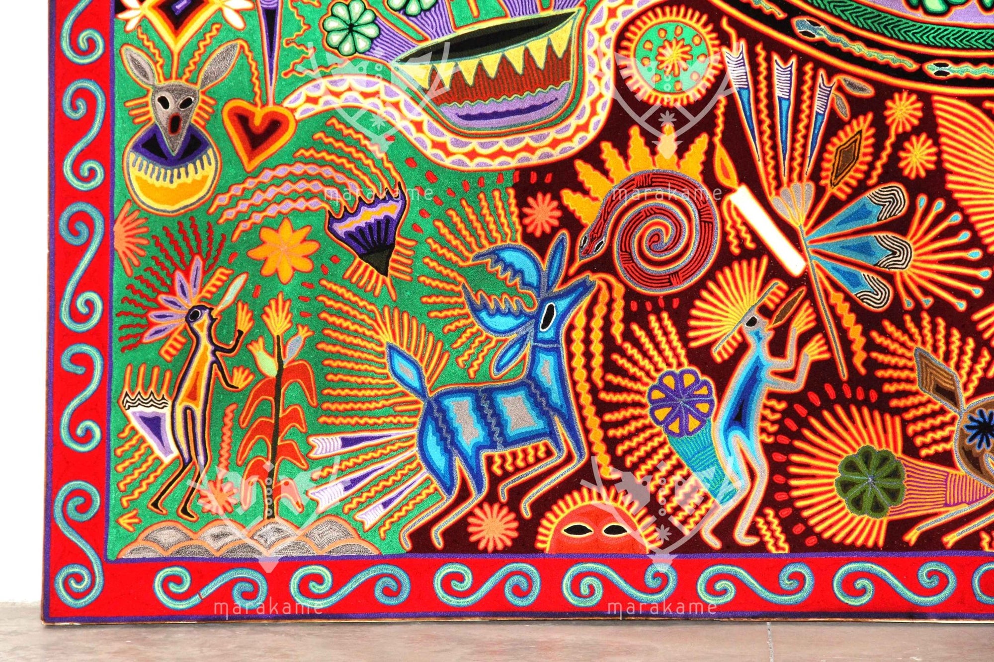 Nierika de Estambre Cuadro Huichol - Familia de peyote - 2 x 2 m. - Arte Huichol - Marakame