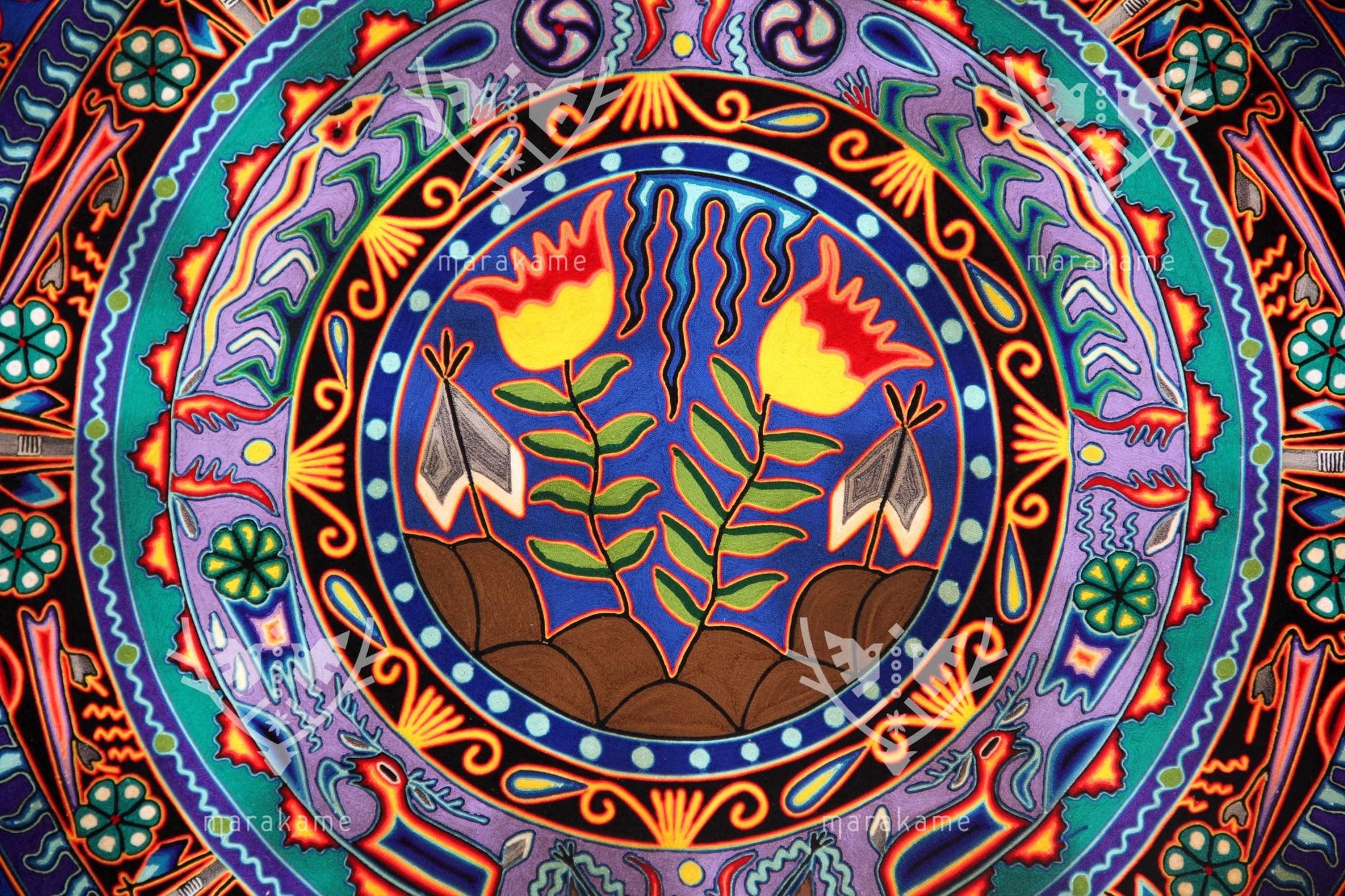 Peinture Nierika de la pire Huichol - Kieri - 150 x 150 cm. - Art Huichol - Marakamé