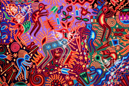 Garn Nierika Huichol Malerei - Maxa kuaxi - 120 x 120 cm. - Huichol-Kunst - Marakame