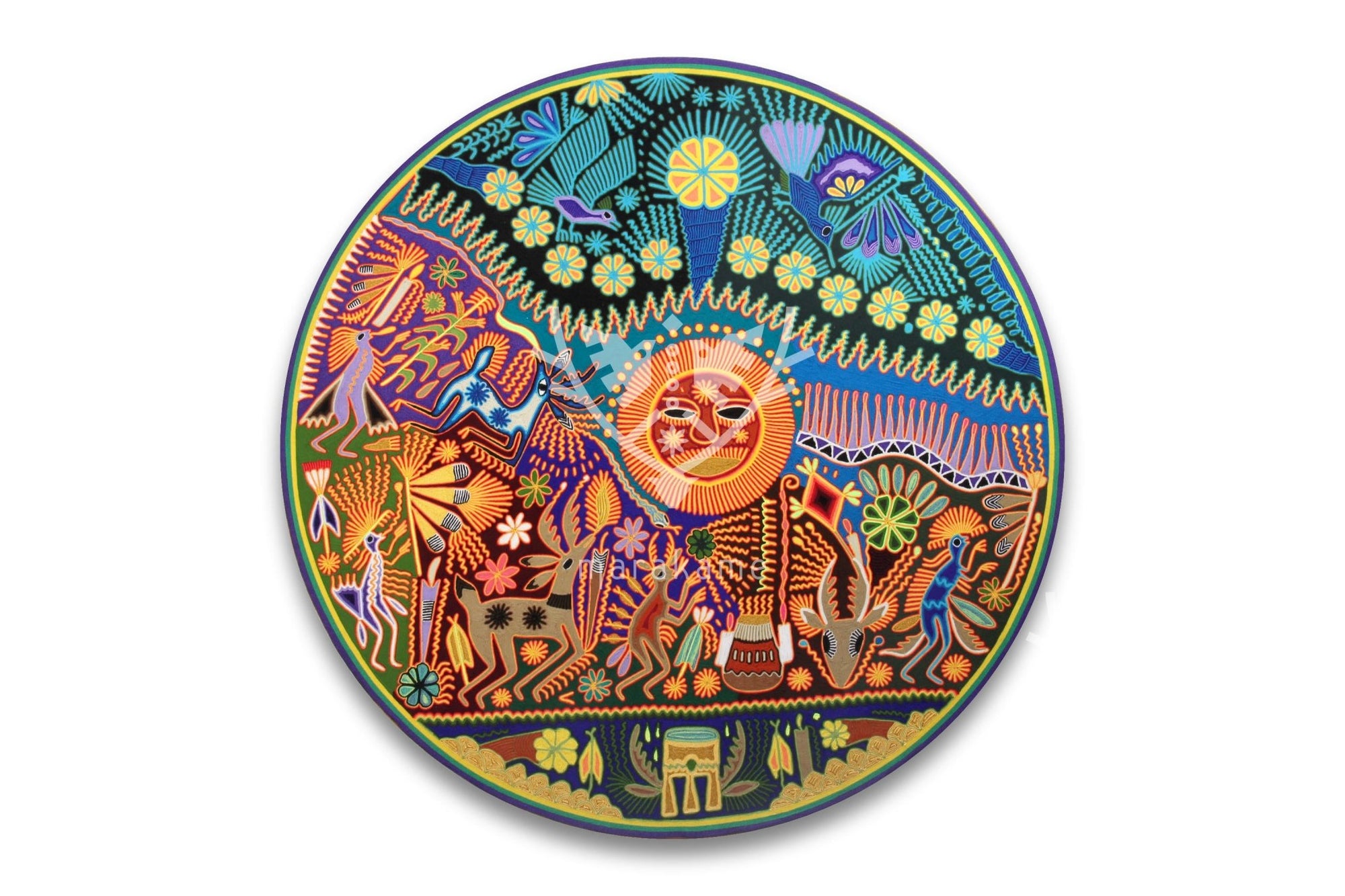 Nierika de estamen Huichol Gemälde – Geburt von Vater Sun – 120 x 120 cm. - Huichol-Kunst - Marakame