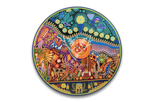 Nierika de estamen Huichol Gemälde – Geburt von Vater Sun – 120 x 120 cm. - Huichol-Kunst - Marakame